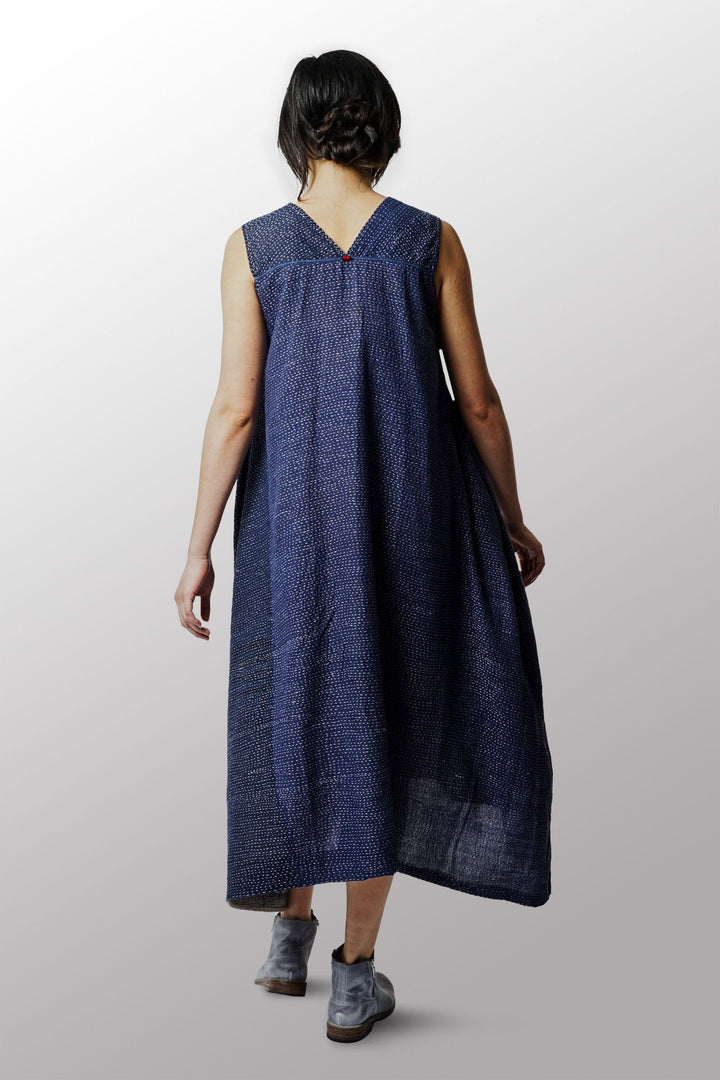 INDONESIAN PRINT VINTAGE INDIGO BACKING KANTHA TENT DRESS - bi2413-blu -