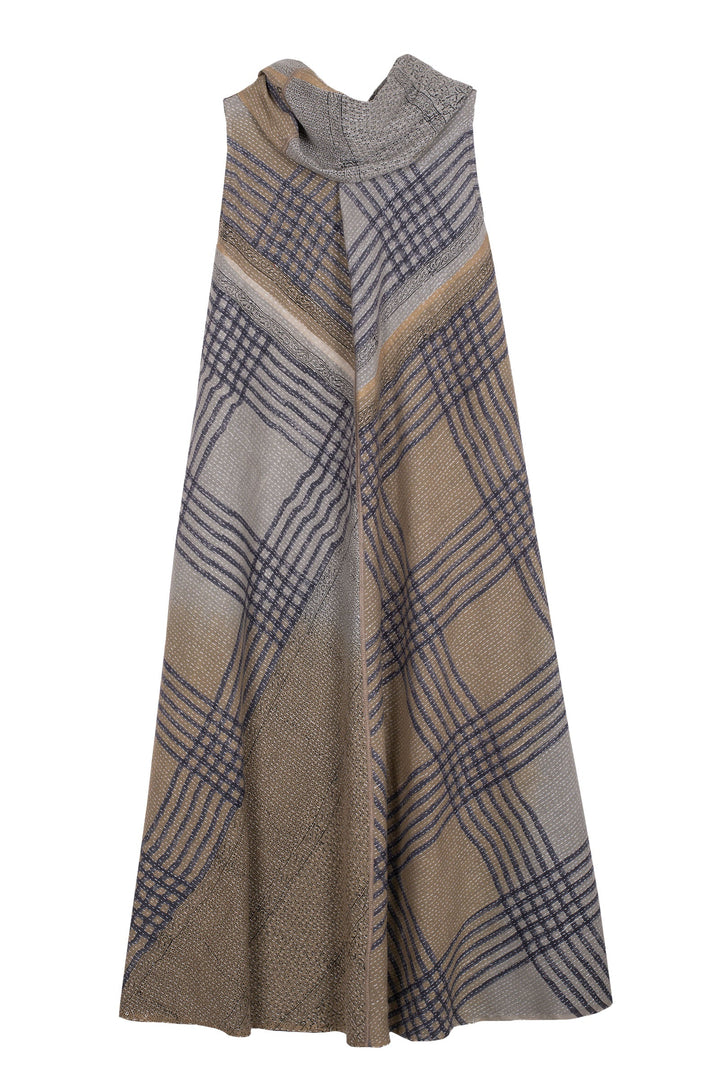 INDONESIAN PRINT VINTAGE INDIGO BACKING KANTHA COWL NECK MAXI DRESS - bi2438-blu -