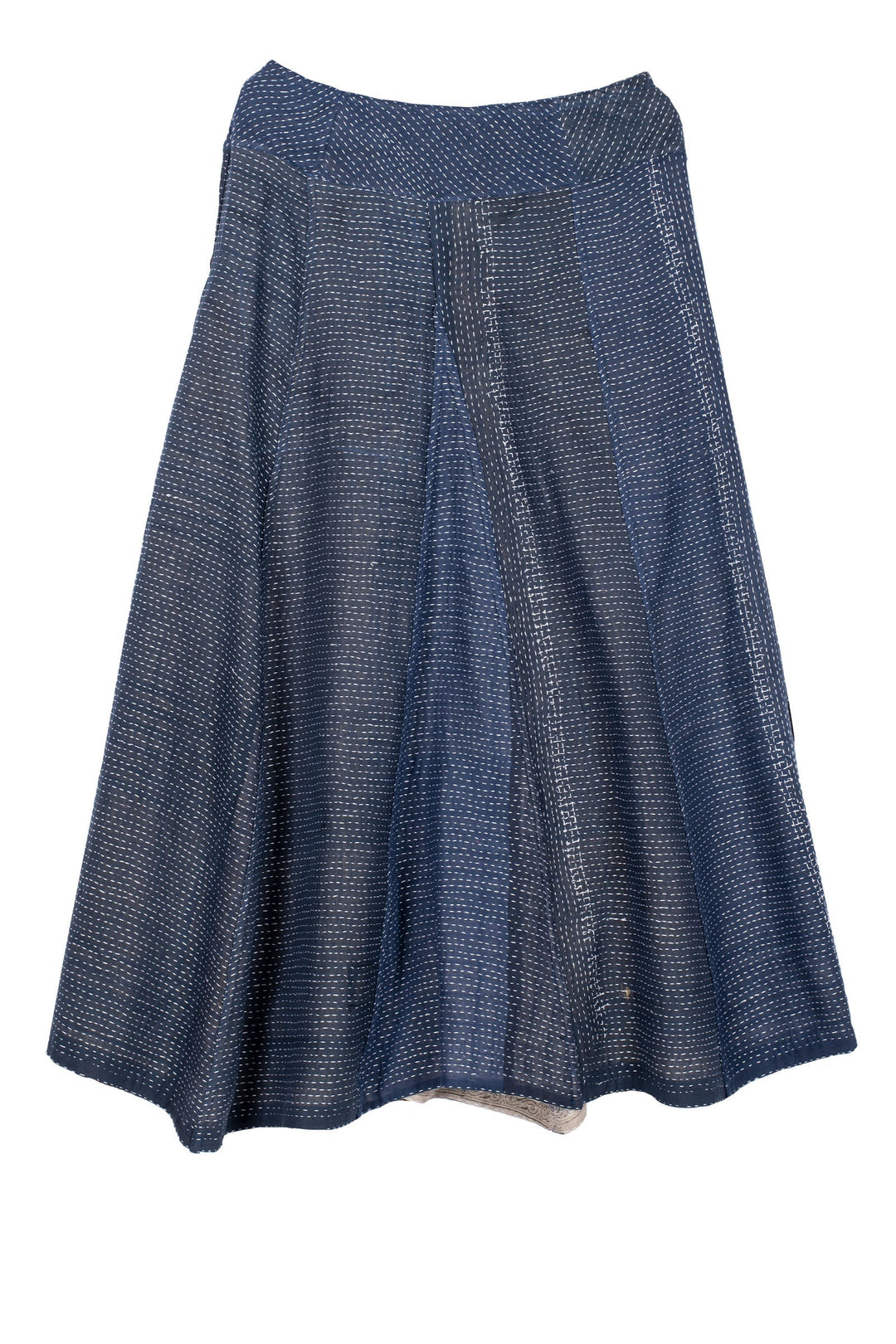 INDONESIAN PRINT VINTAGE INDIGO BACKING KANTHA PANELED FLARE SKIRT - bi2630-blu -