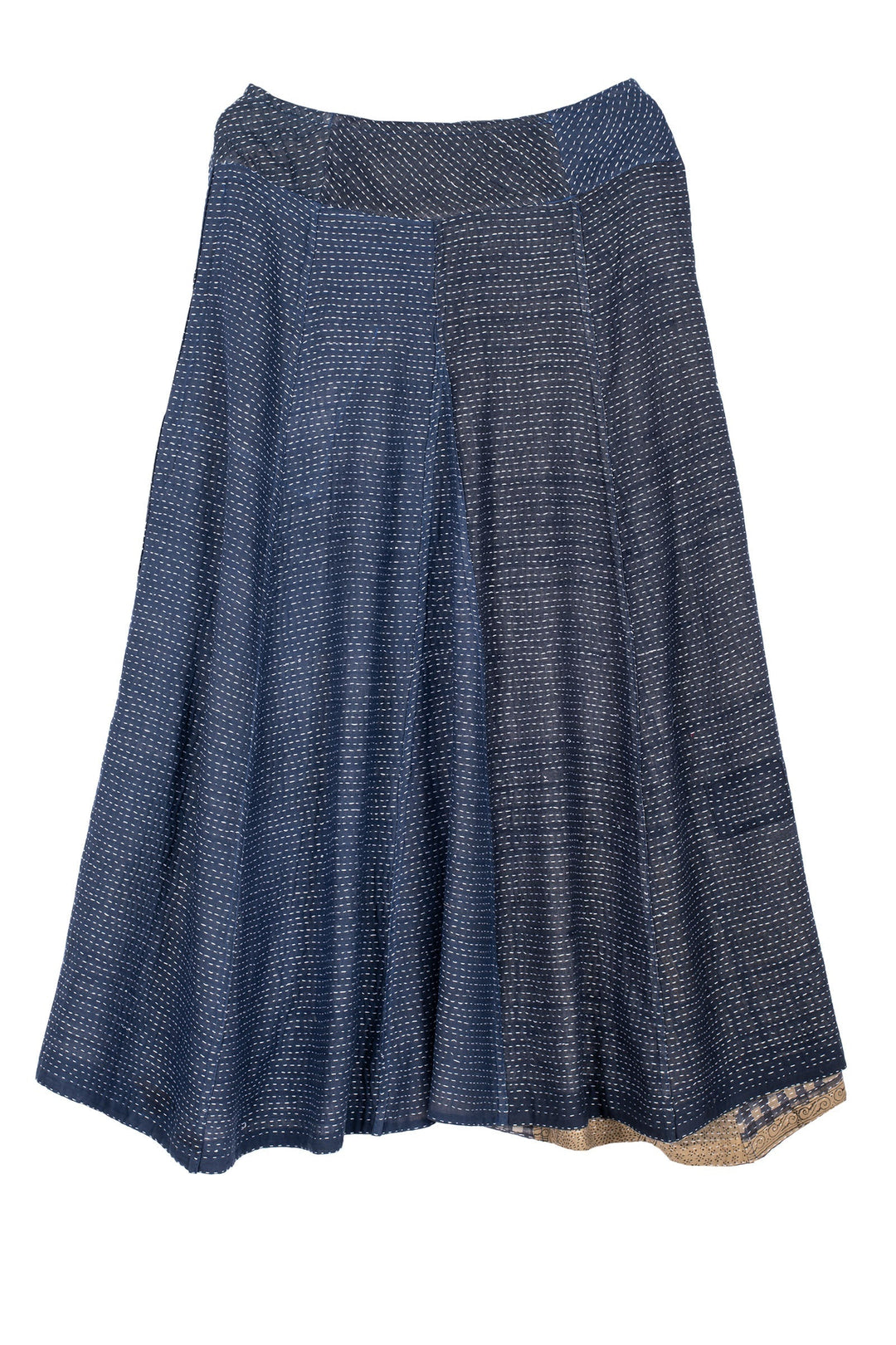 INDONESIAN PRINT VINTAGE INDIGO BACKING KANTHA PANELED FLARE SKIRT - bi2630-blu -