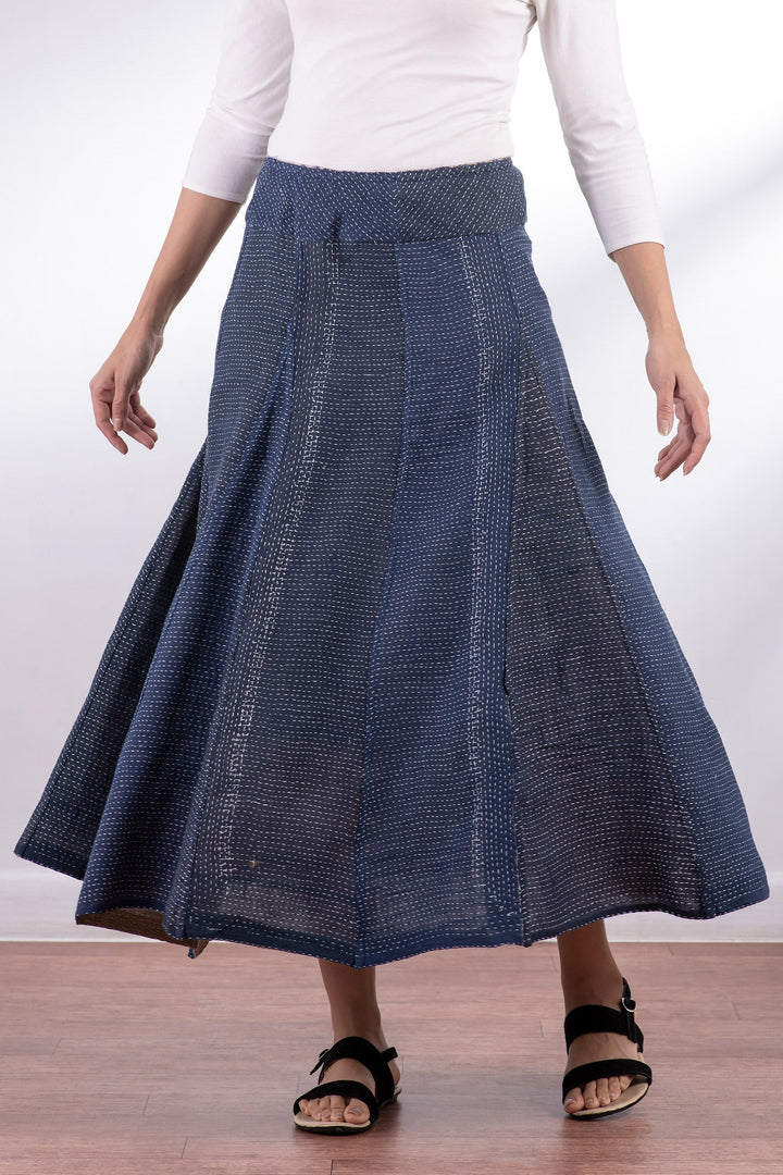 INDONESIAN PRINT VINTAGE INDIGO BACKING KANTHA PANELED FLARE SKIRT - bi2630-blu -