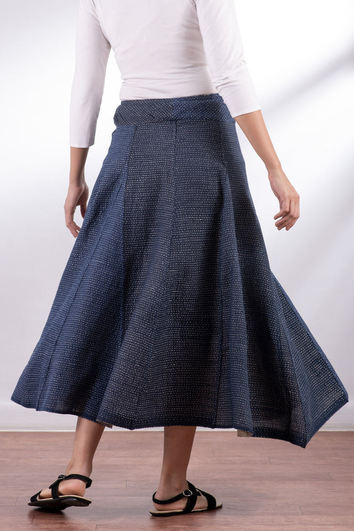 INDONESIAN PRINT VINTAGE INDIGO BACKING KANTHA PANELED FLARE SKIRT - bi2630-blu -