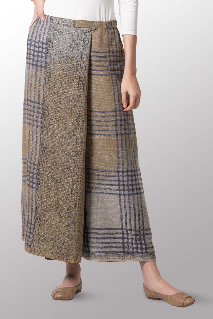 INDONESIAN PRINT VINTAGE INDIGO BACKING KANTHA WRAP WIDE PANTS - bi2649-blu -