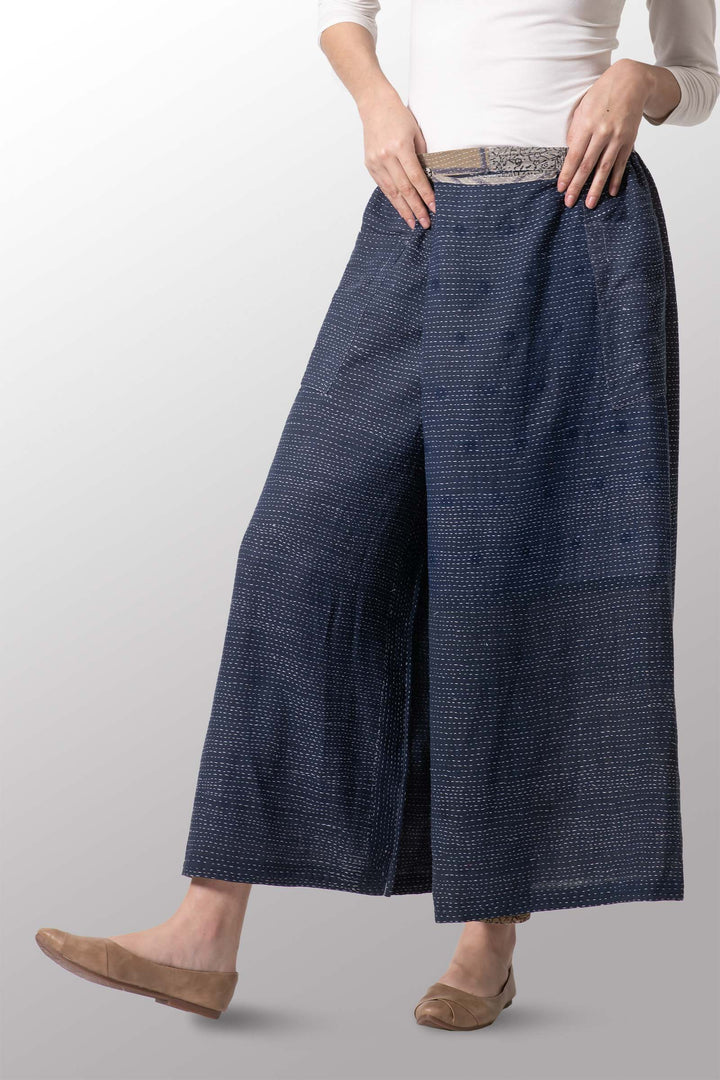 INDONESIAN PRINT VINTAGE INDIGO BACKING KANTHA WRAP WIDE PANTS - bi2649-blu -