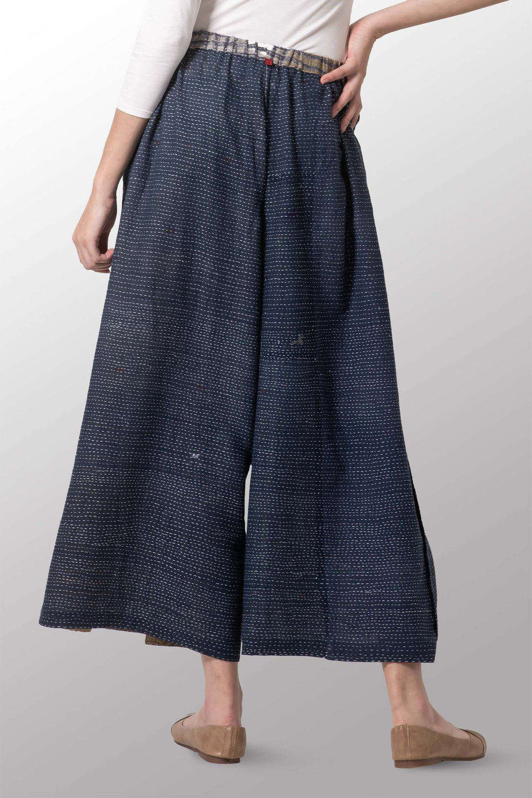 INDONESIAN PRINT VINTAGE INDIGO BACKING KANTHA WRAP WIDE PANTS - bi2649-blu -