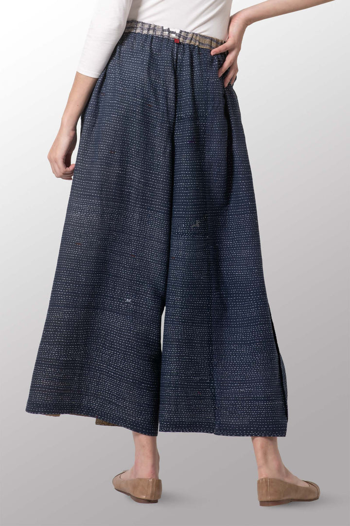 INDONESIAN PRINT VINTAGE INDIGO BACKING KANTHA WRAP WIDE PANTS - bi2649-blu -