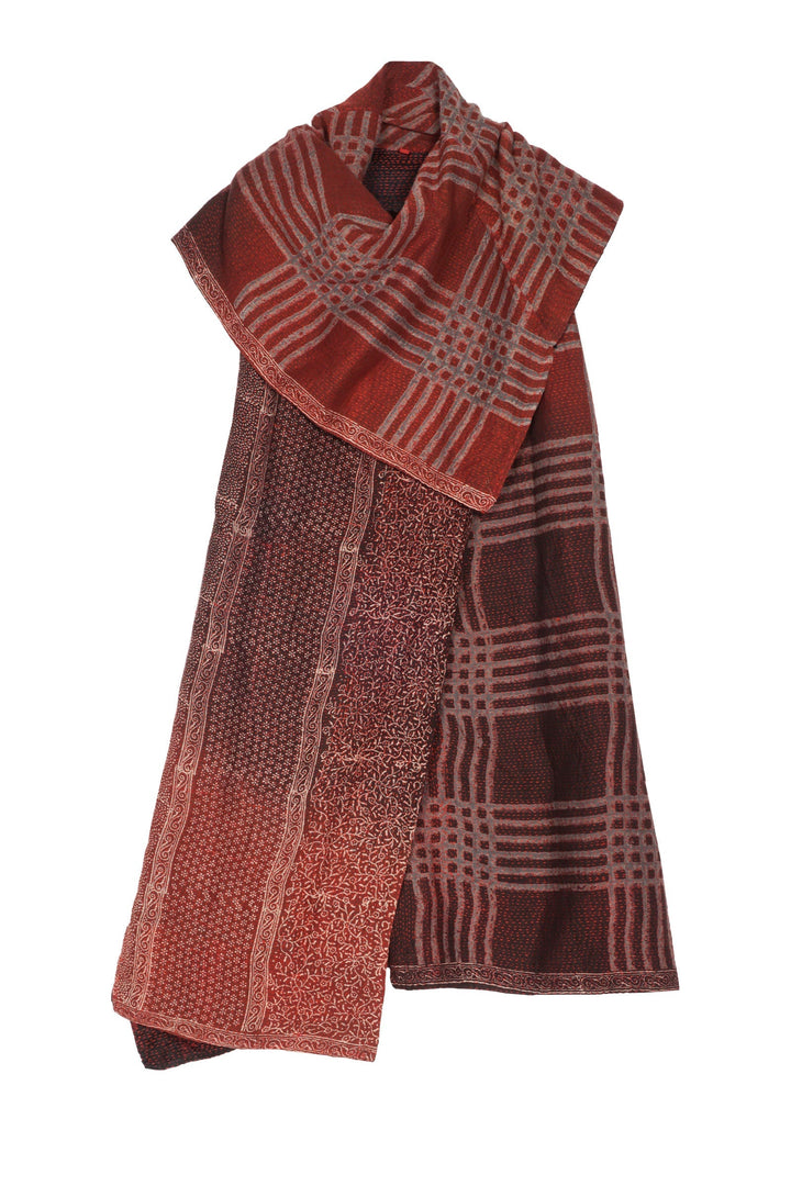 INDONESIAN PRINT & BORDER SHIBORI KANTHA COWL NECK DRESS - ib2416-red -
