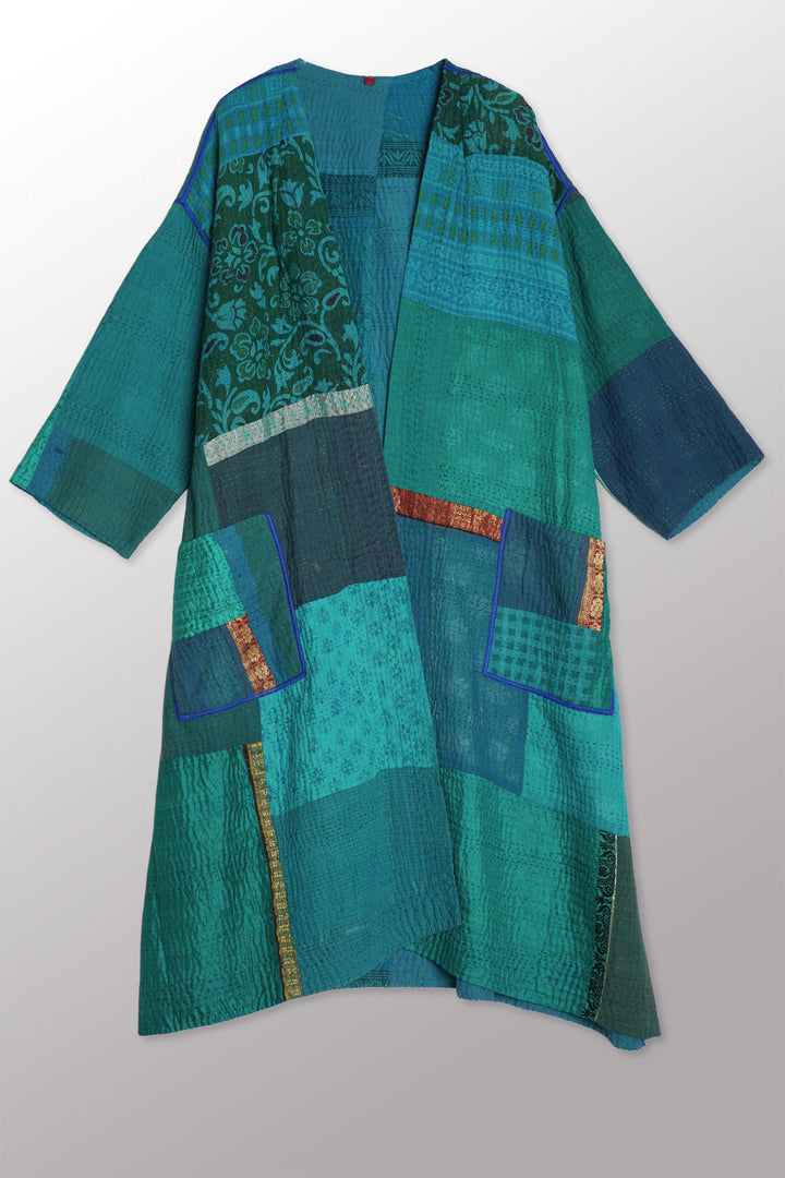 COTTON SILK SW PATCH KANTHA LONG DUSTER - ws4328-tel -