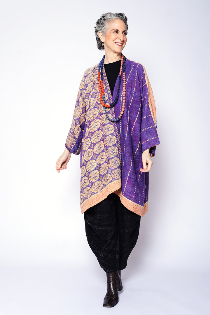 VINTAGE COTTON KANTHA KIMONO DUSTER - cv4317-0033a -