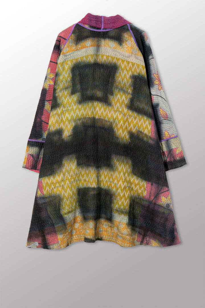 VINTAGE COTTON GREY CLAMP TIE DYE KANTHA KIMONO LONG JACKET - su4005-0001a -