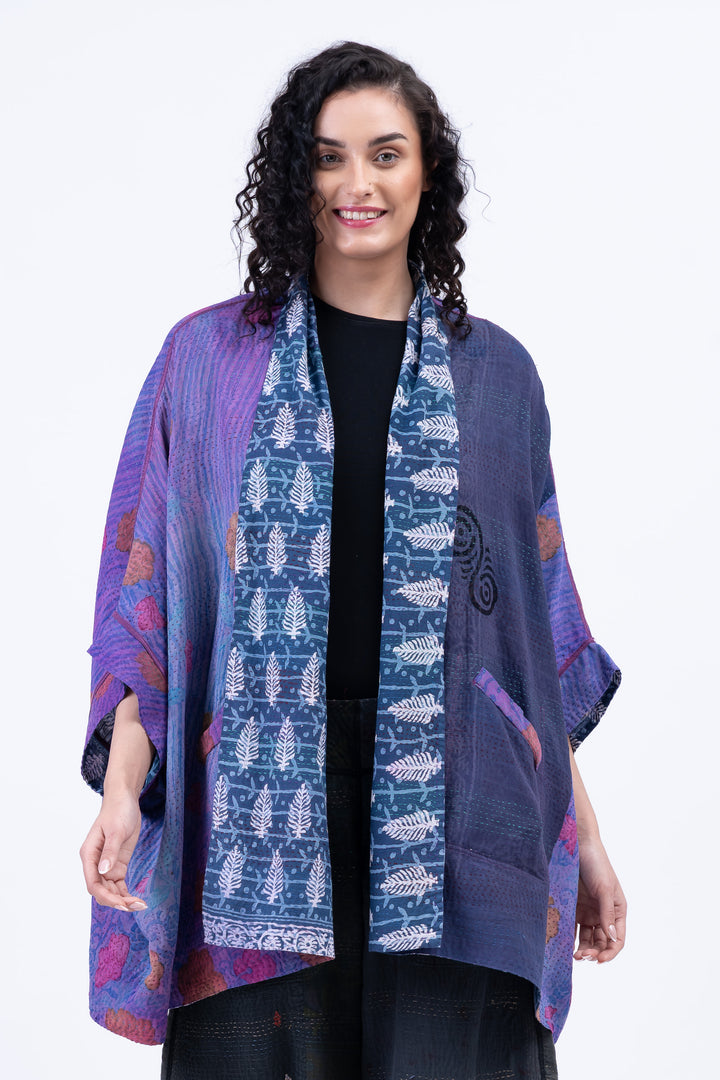 VINTAGE SILK GEORGETTE COTTON KANTHA DOUBLE COLLAR PONCHO - gc2323-0004a -