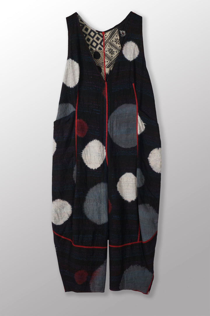 PATCH & CIRCLE PRINT KANTHA V-NECK JUMPER - pc2622-blk -