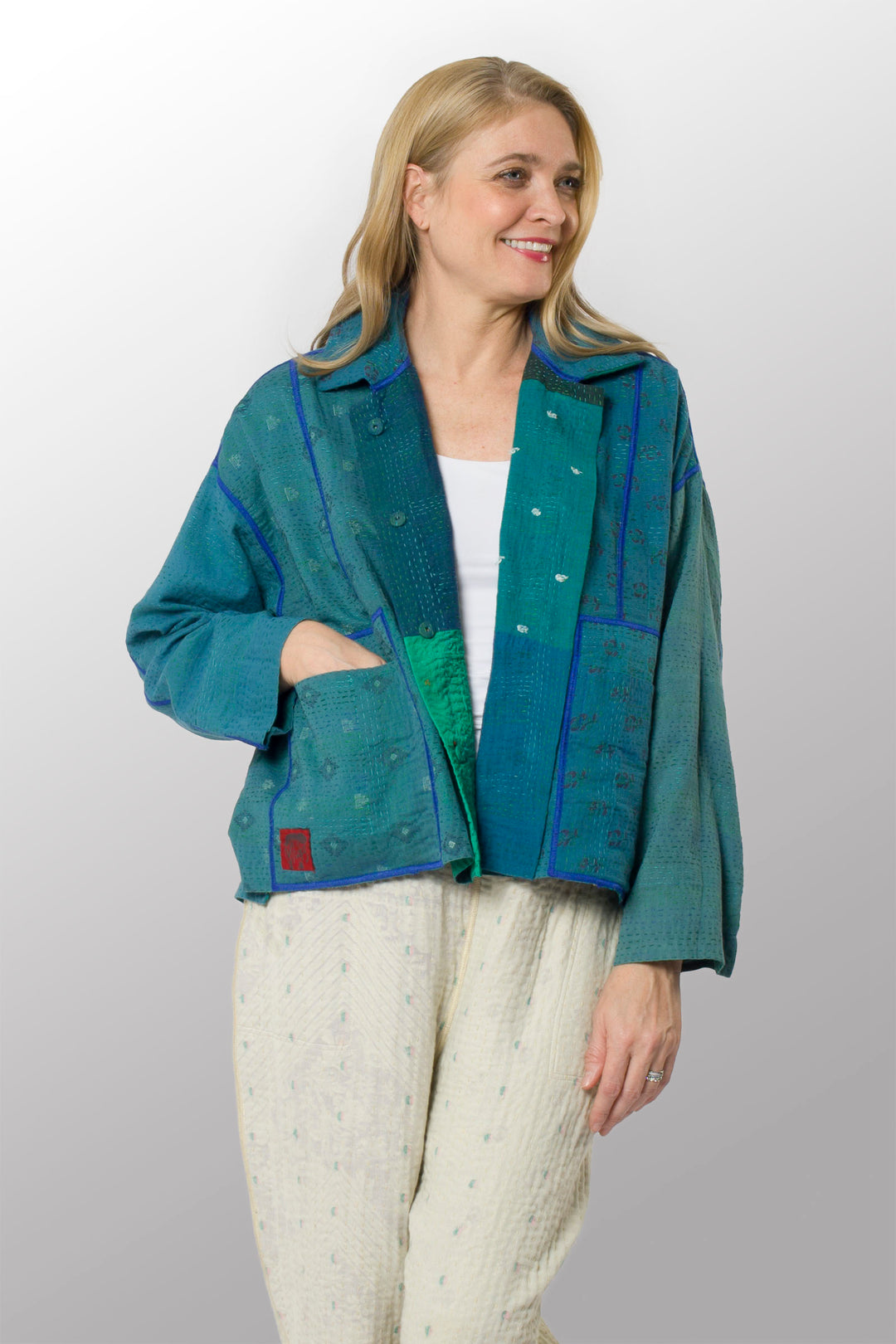 COTTON SILK SW PATCH KANTHA CROPPED SHIRT JACKET - ws2075-tel -