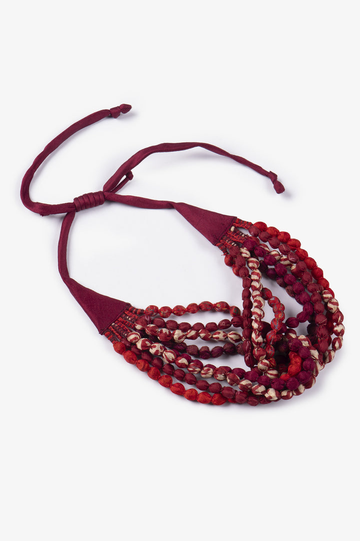 VINTAGE SILK KANTHA SEED NECKLACE SHORT - sv2722-red -