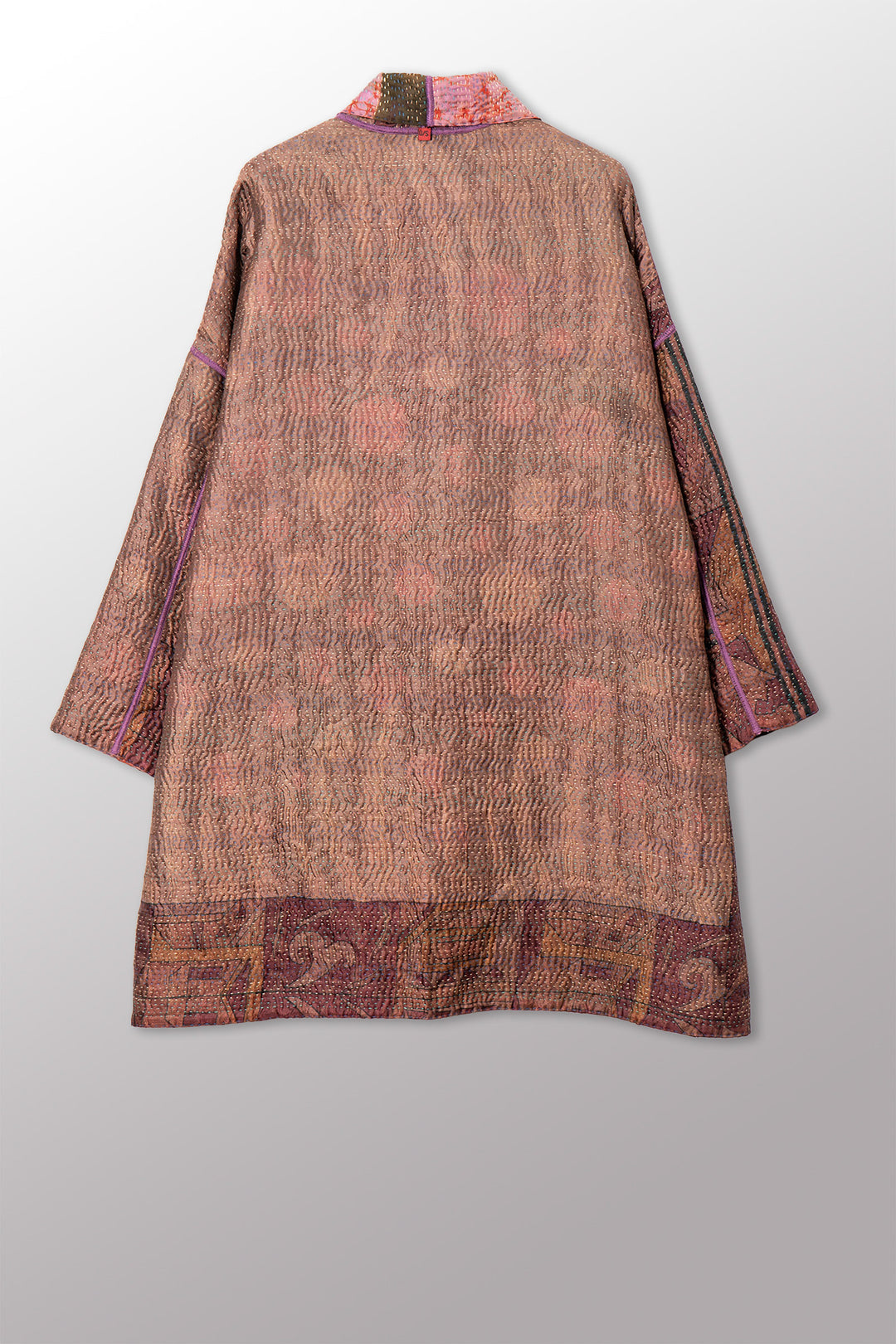 VINTAGE PRINTED SILK CLAMP DYE WITH JACQUARD KANTHA HAORI JACKET - sk4068-0001a -