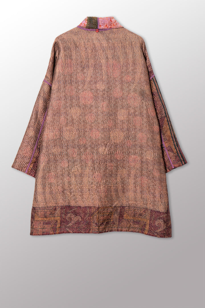 VINTAGE PRINTED SILK CLAMP DYE WITH JACQUARD KANTHA HAORI JACKET - sk4068-0001a -