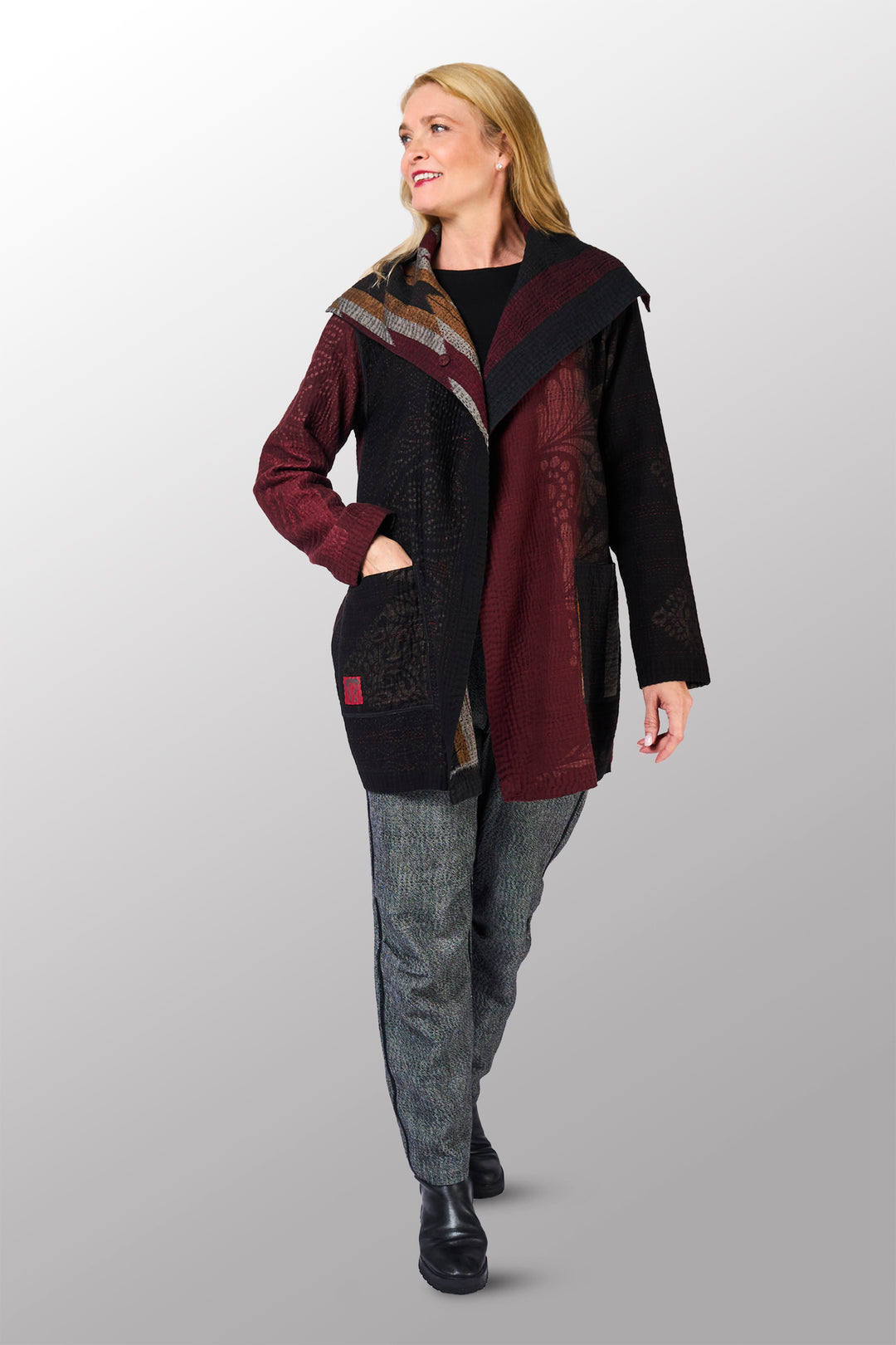 WOVEN HANDLOOM IKAT WITH OMBRE KANTHA POCKET JACKET - wh4002-red -