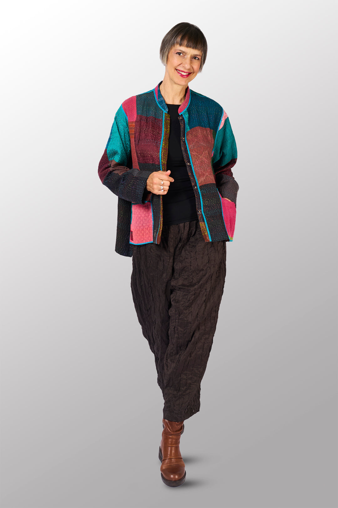 BAGH PRINT KANTHA KAFTAN JACKET SHORT - bg4088-brn -