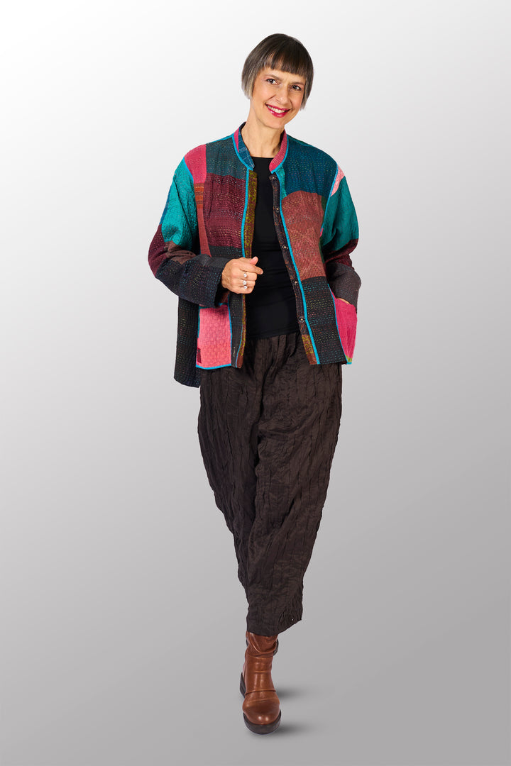 BAGH PRINT KANTHA KAFTAN JACKET SHORT - bg4088-brn -