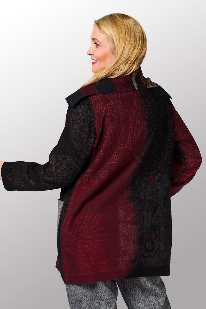 WOVEN HANDLOOM IKAT WITH OMBRE KANTHA POCKET JACKET - wh4002-red -