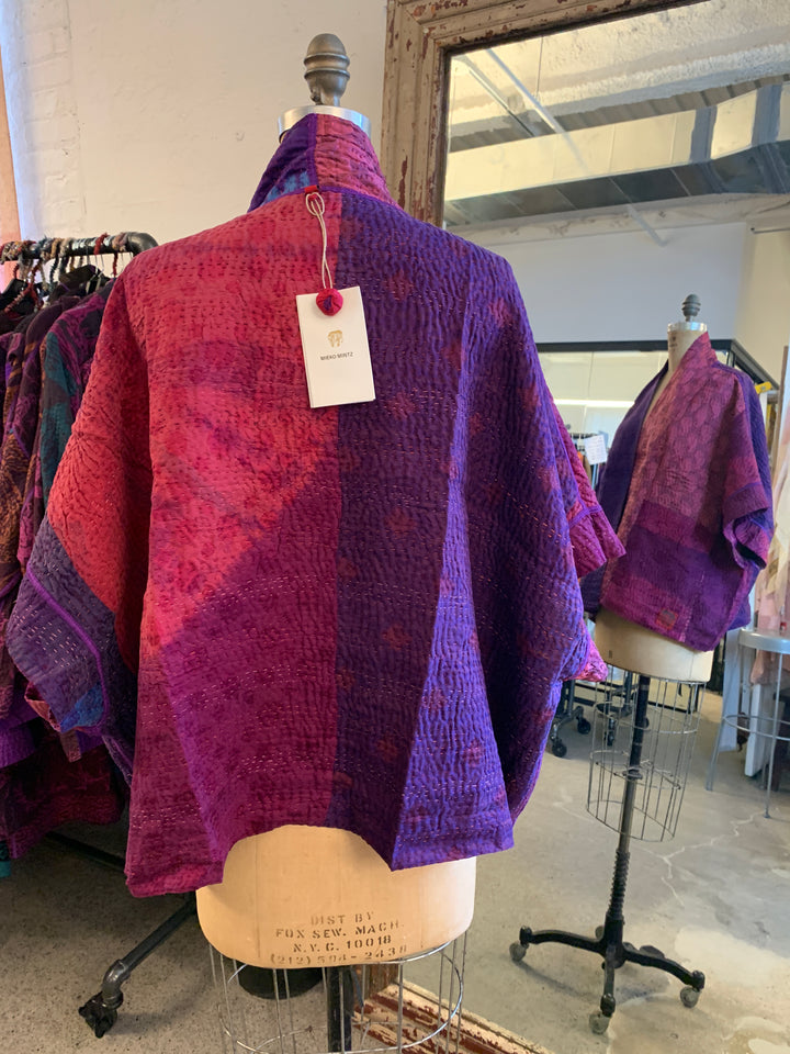 TIE DYE CIRCLE SHIBORI KANTHA MINI PONCHO - td4060-prp -