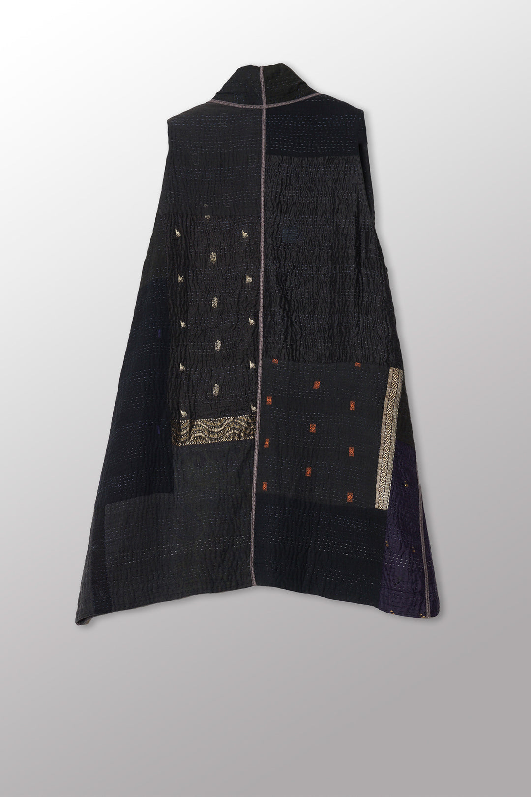 COTTON SILK SW PATCH KANTHA KIMONO VEST - ws4247-blk -