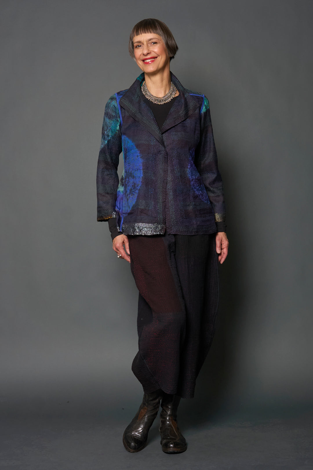 TIE DYE CIRCLE SHIBORI KANTHA SHORT JACKET - td2007-blu -
