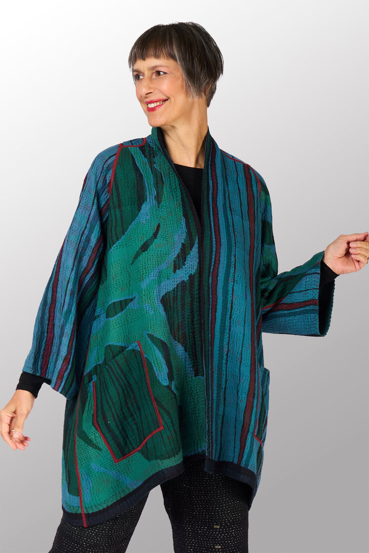 OVERDYED STRIPE AND BENDS KANTHA A-LINE JACKET - sb4003-blu -