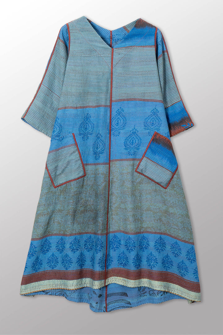 VINTAGE COTTON & NEW VOILE KANTHA V-NECK FLARE DRESS - cn2457-0001s -
