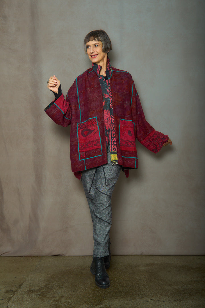 VINTAGE COTTON KANTHA OVERSIZED MINI COAT - cv4332-0042a -