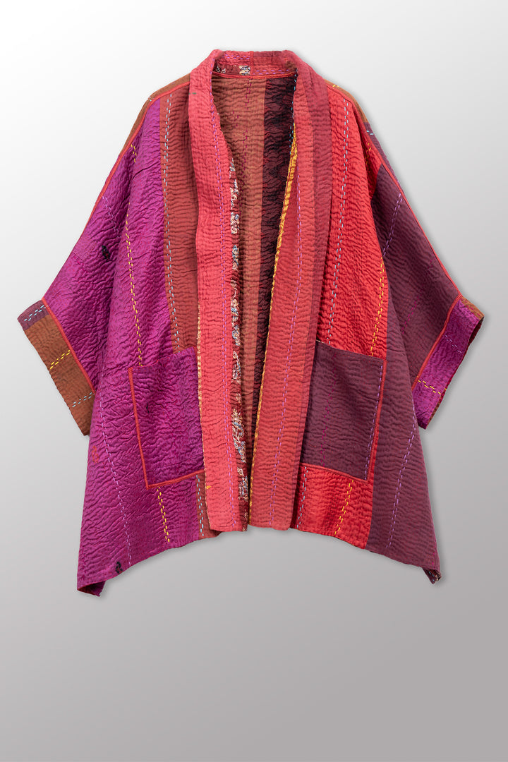 JEWEL WOVEN WITH VERTICAL PATCH KANTHA DOUBLE COLLAR PONCHO - jv4323-red -