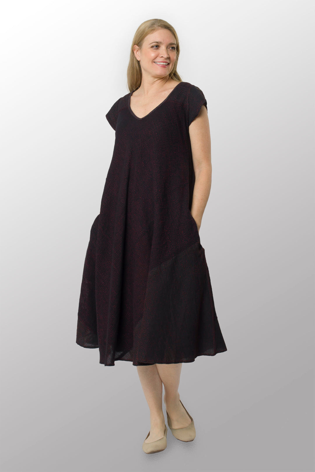 MONOTONE TWILIGHT PRINT KANTHA CAP SLV. FLARE DRESS - tp2425-red -
