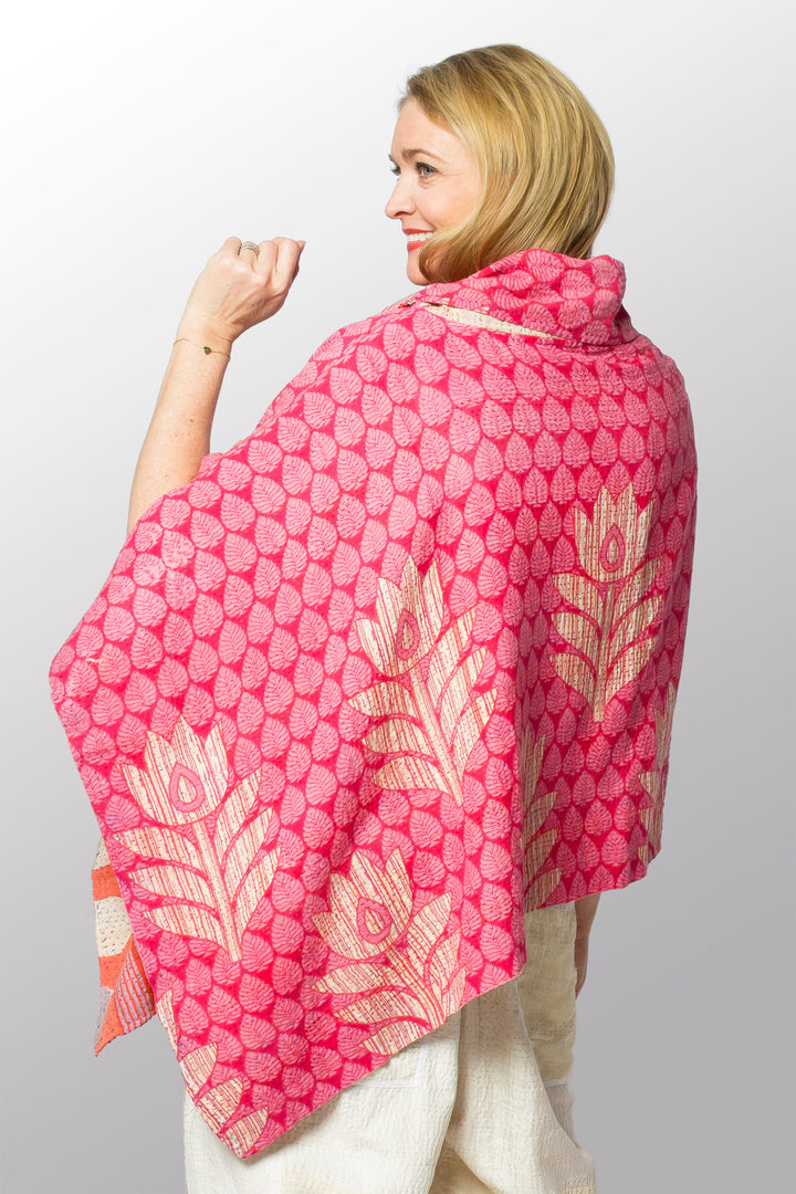 VINTAGE COTTON KANTHA COWL NECK LONG CAPE - cv2842-0006a -