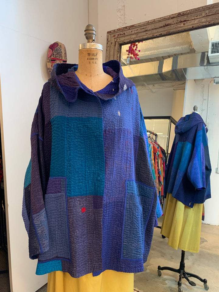 STRIPE AND CHECK COTTON SILK PATCH KANTHA HOODIE PONCHO - ss4064-blu -