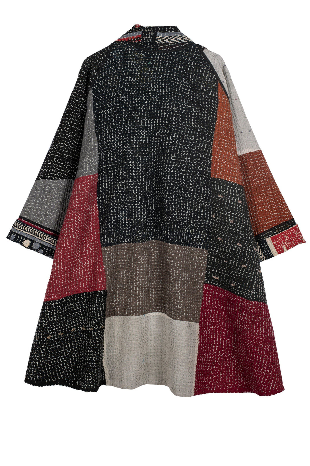 WAFFLE IKAT KANTHA KIMONO LONG JACKET - wi3005-red -