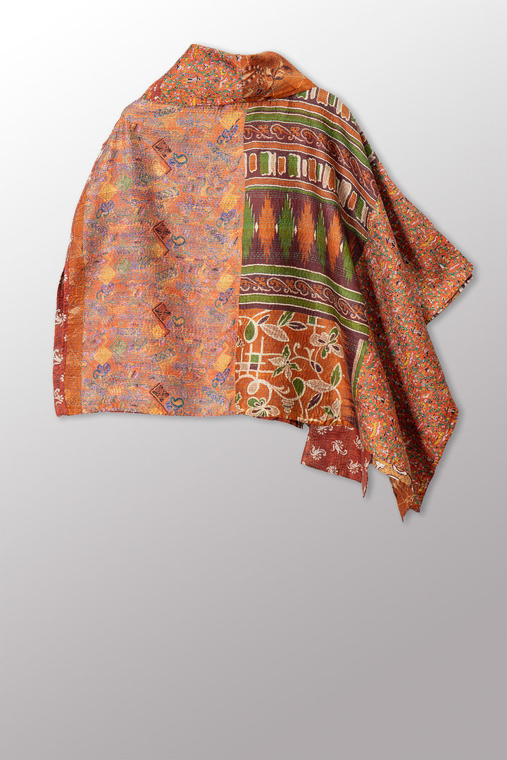 VINTAGE SILK KANTHA COWL NECK LONG CAPE - sv2842-0013a -