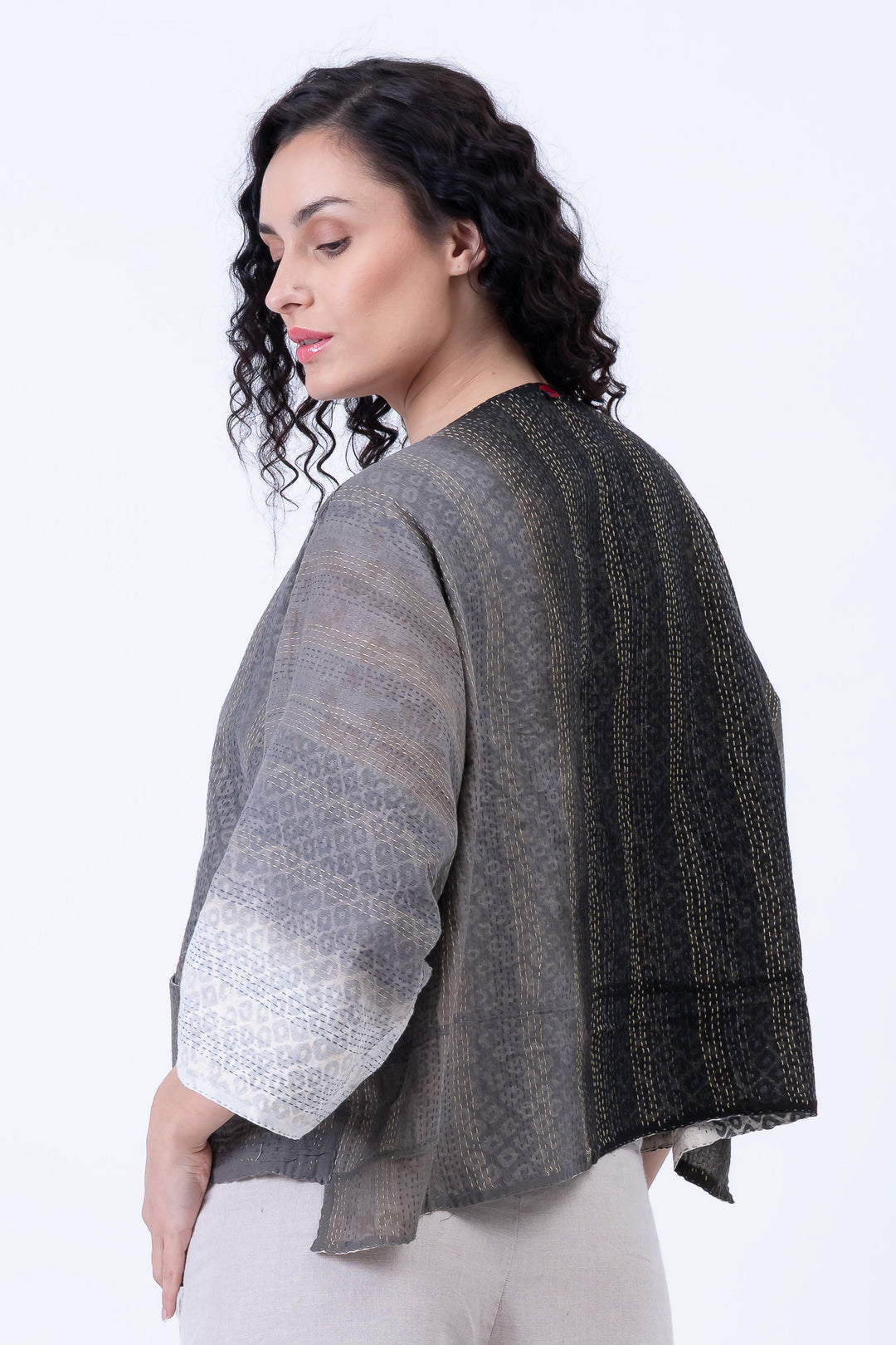 KIMONO COTTON KANTHA 3/4 SLV. CROP TOP MIO - kc2538-gry -