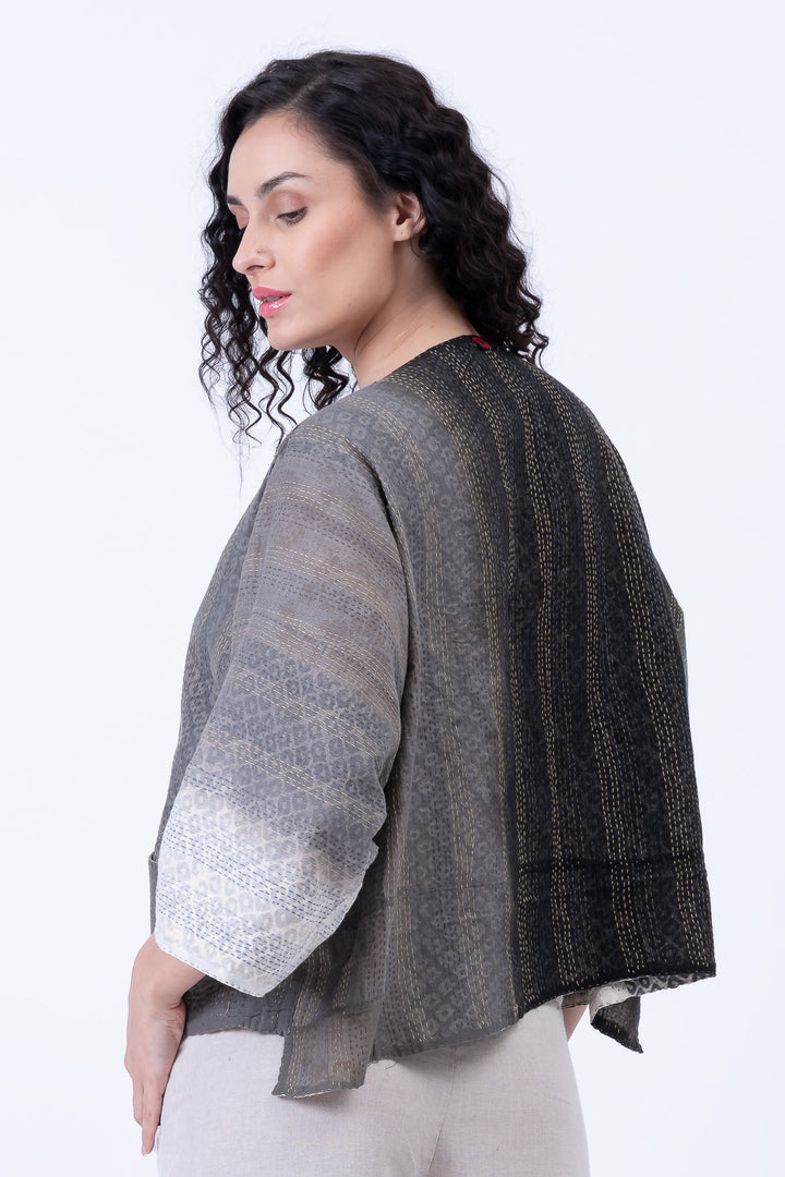 KIMONO COTTON KANTHA 3/4 SLV. CROP TOP MIO - kc2538-gry -