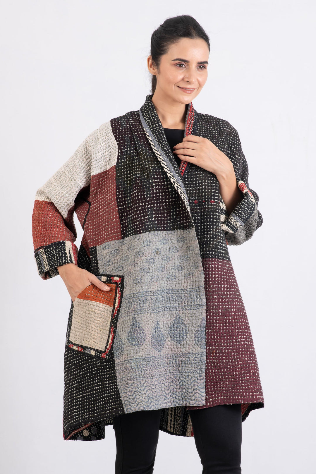 WAFFLE IKAT KANTHA KIMONO LONG JACKET - wi3005-red -