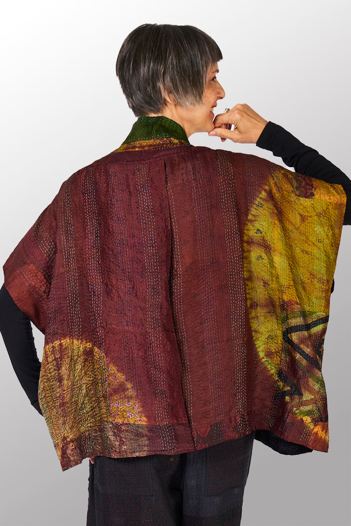 JACQUARD SILK PATCH TIE DYE CIRCLE SHIBORI KANTHA PONCHO TOP - wj2568-grn -