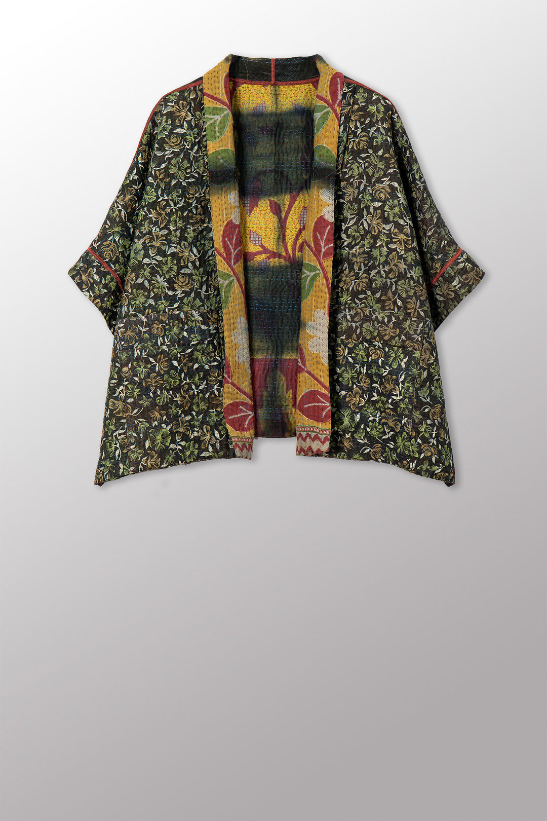 VINTAGE COTTON GREY CLAMP TIE DYE KANTHA MINI PONCHO - su4060-0002a -
