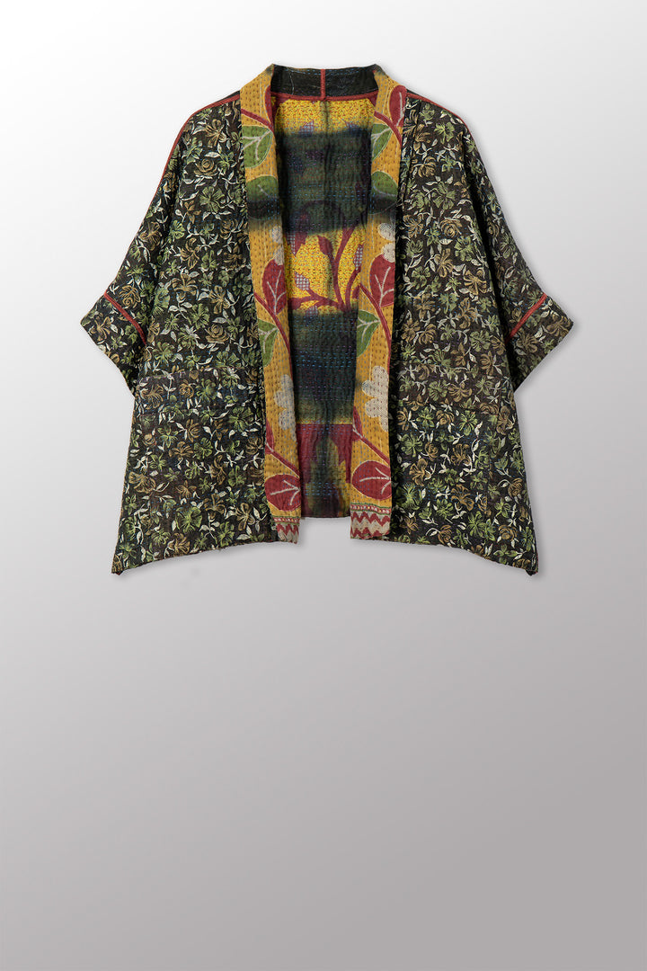 VINTAGE COTTON GREY CLAMP TIE DYE KANTHA MINI PONCHO - su4060-0002a -