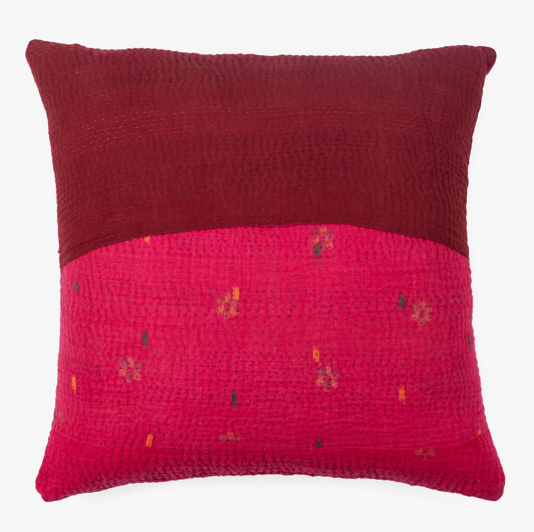 Landscape Fray Patch Vintage Kantha Pillow -Red