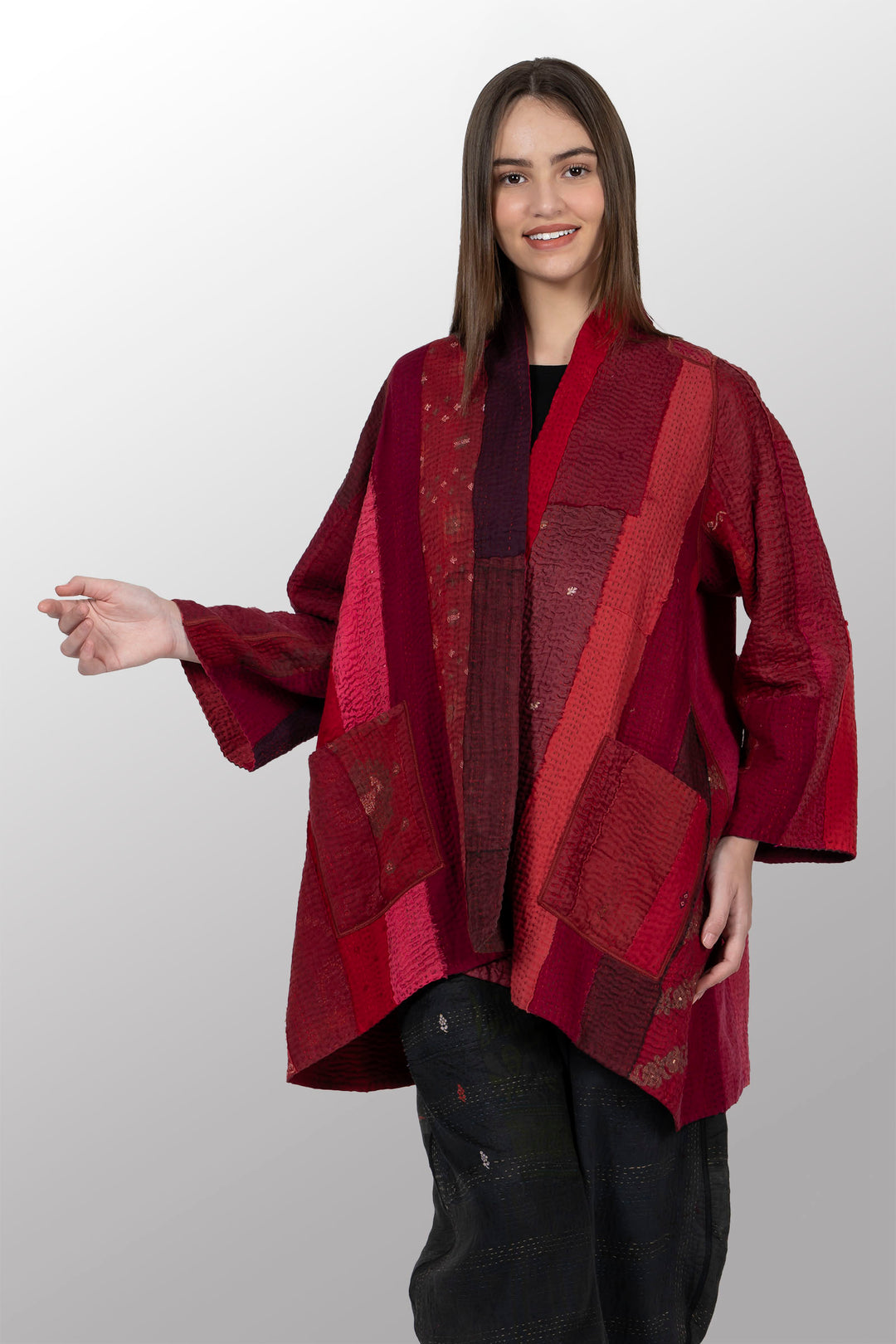 STRIPE AND CHECK COTTON SILK PATCH KANTHA A-LINE JACKET - ss4003-red -