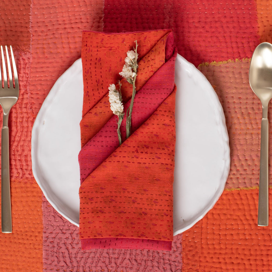 Mosaic Fray Handmade Vintage Kantha Napkin -Carrot (Set of 2)