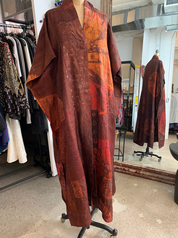 JACQUARD SILK PATCH TIE DYE CIRCLE SHIBORI KANTHA PONCHO DRESS - wj2443-brn -