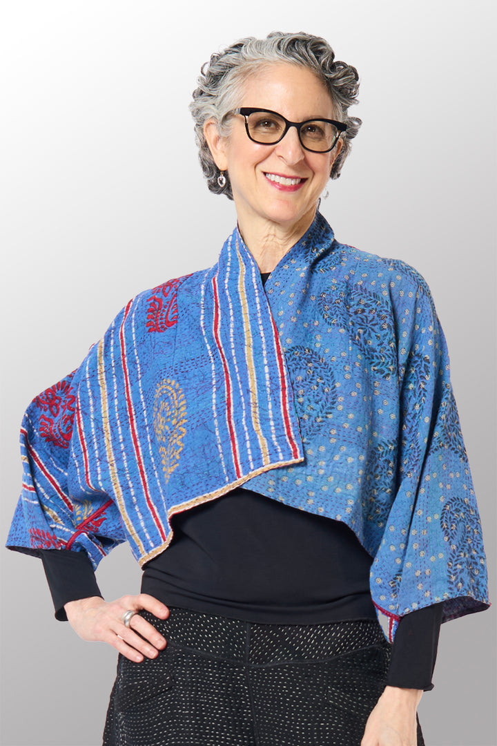 COTTON OVERDYE KANTHA PUFF SLV. SHRUG - ov2062-cblu001a -