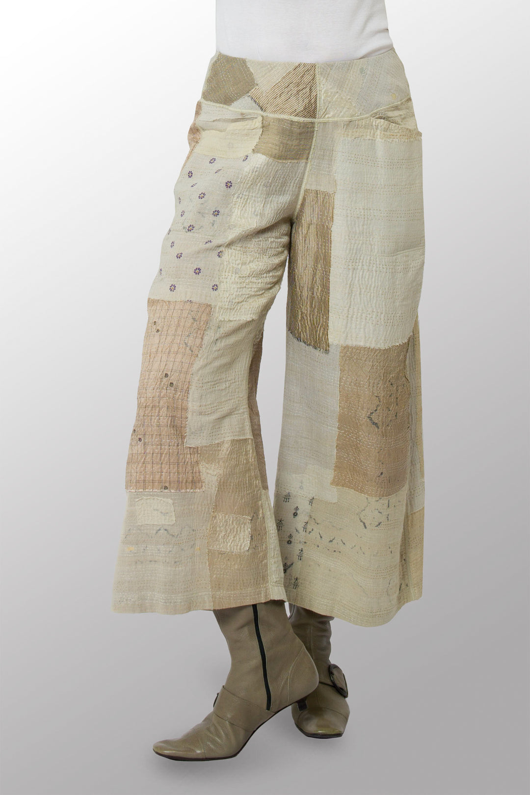 MOSAIC FRAY PATCH KANTHA MID RISE WIDE LEG PANTS - zb2665-ivy -