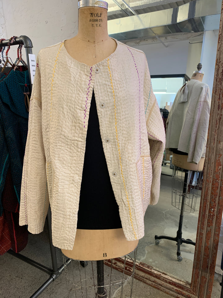 JEWEL WOVEN WITH VERTICAL PATCH KANTHA CREW NECK SHORT JACKET - jv4053-ivy -