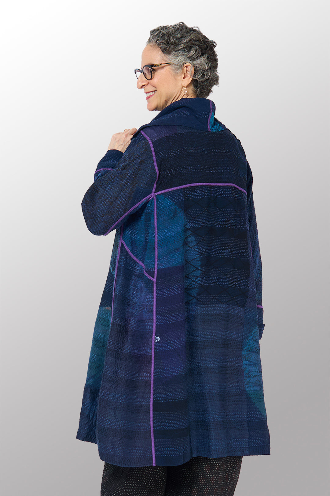 SHIBORI TIE DYE GEORGETTE VINTAGE SILK PATCH KANTHA A-LINE COAT - st-gs2309-nvy -